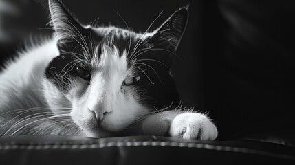 Wall Mural - A black and white cat is laying on a couch