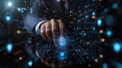 Wall Mural - Cyber security. Businessman use virtual screen and Login