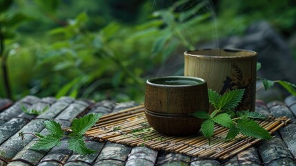 Wall Mural - Nettle tea served in a wooden cup on a bamboo mat