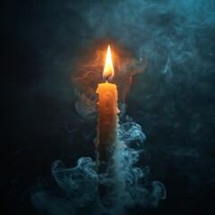 Lit candle with smoke rising in a dark setting