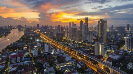 Wall Mural - Dusk Over the City, High Angle View of Road and Skyline. Generative Ai