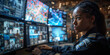 © Duka Mer - An officer in uniform sits at her desk late into the night, working on multiple computer screens displaying various information and data.