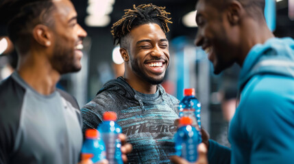 Happy men, dressed in athletic wear, laugh and hold drinks in the gym.