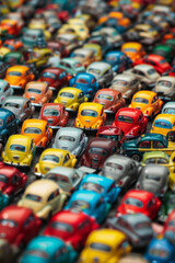 A crowded scene of miniature toy cars, tightly arranged to fill the entire frame. The cars come in various models and bright colors like red, blue, yellow, and green