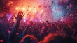 © Seksan - Hyper realistic rave crowd, panoramic scene, cheering with confetti and smoke, dramatic lighting