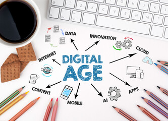 Canvas Print - Digital Age Concept. Chart with keywords and icons. White office desk