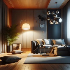 Wall Mural - Floor lamp on a night living room. 3D render. 3D illustration. Generative AI