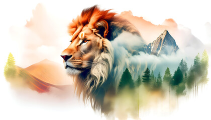 Wall Mural - Creative photo poster with double exposure with icon of lion 