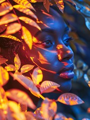 Wall Mural - woman among neon plants