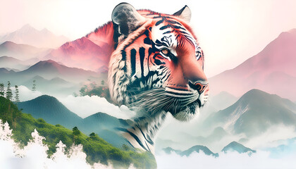 Creative photo poster with double exposure with icon of tiger 