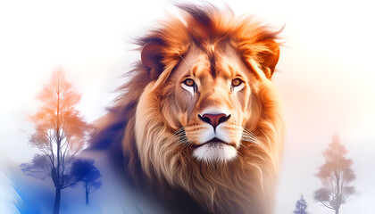 Wall Mural - Creative photo poster with double exposure with icon of lion 