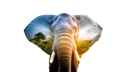 Wall Mural - Creative photo poster with double exposure with icon of elephant 