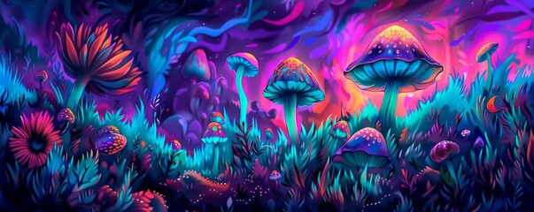 The image is a psychedelic landscape with a variety of mushrooms, flowers, and other plants. The colors are vibrant and the atmosphere is dreamlike.