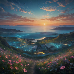 anime landscape with a sunset and a path leading to a beach