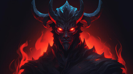 Creepy devil illustration with a menacing gaze, high resolution art, and infernal presence in a dark fantasy setting.