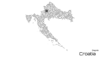 Croatia, with its capital city of Zagreb, is represented as a microchip with a central processing unit. A technological representation of the country's outline. White background.