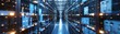 © pingpao - Futuristic data center with rows of server racks illuminated by blue LED lights, representing advanced technology and data storage solutions.