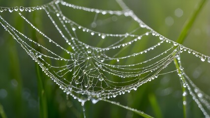 Nature's Macro Shots of Dew Drops on Spider Webs Drops of Morning Dew on Grass and Cobwebs, Water Drops on Spiderwebs in Close-Up Dew Patterns in Abstraction on Spider Nets and Green Insects