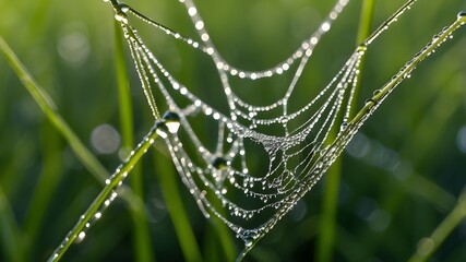 Nature's Macro Shots of Dew Drops on Spider Webs Drops of Morning Dew on Grass and Cobwebs, Water Drops on Spiderwebs in Close-Up Dew Patterns in Abstraction on Spider Nets and Green Insects