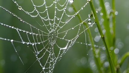 Nature's Macro Shots of Dew Drops on Spider Webs Drops of Morning Dew on Grass and Cobwebs, Water Drops on Spiderwebs in Close-Up Dew Patterns in Abstraction on Spider Nets and Green Insects