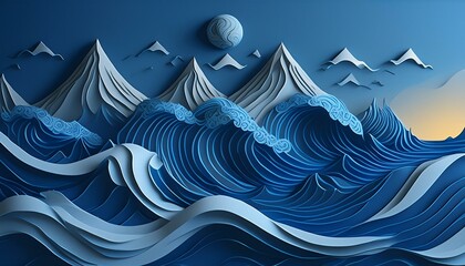 Wall Mural - 3d waves with white foam with sun in the background - illustration