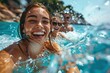 © Thanyaporn - Friends enjoying water activities off the side of a yacht during a summer trip. The close-up captures their excited faces and the refreshing splash of the sea. The clear blue water and a scenic