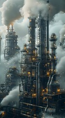 Wall Mural - Imposing Steampunk-Inspired Industrial Complex with Intricate Pipeline Network and Billowing Smoke
