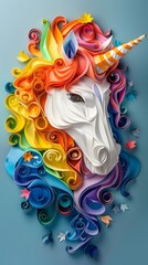 Sticker - Whimsical Unicorn in Vibrant Rainbow Paper Art with Intricate Surrealist Patterns