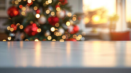 Wall Mural - Closeup view of white table with blurred lights
