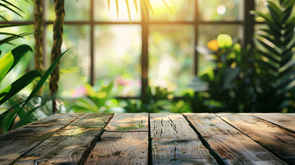 Wall Mural - Empty wood table top on blur abstract green garden