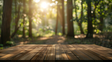 Wall Mural - Empty wooden board table in front of blurred background