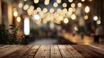 Wall Mural - Wooden top table with bokeh light effect