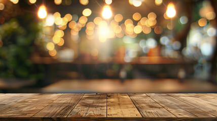 Wall Mural - Wooden top table with bokeh light effect
