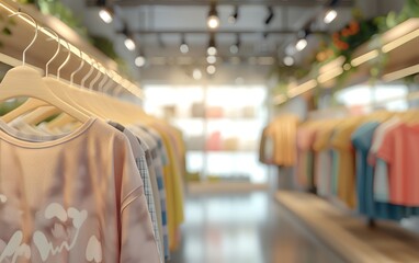 Beautiful interior of modern store, clothes on hangers, copy space concept, front view, boutique shop, bright daylight, blurred background