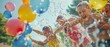 © reels - Joyful kids playing with water balloons on a sunny day, splashing and laughing, celebrating summer fun outdoors with friends.