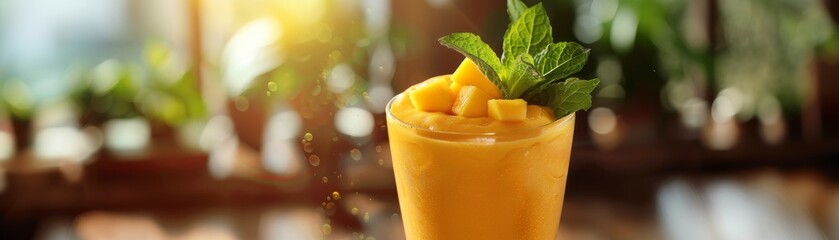 mango smoothie in a tall glass, topped with a mint garnish