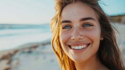 A candid close-up shot of a young woman smiling brightly on the beach, capturing her happiness amidst the natural beach scenery