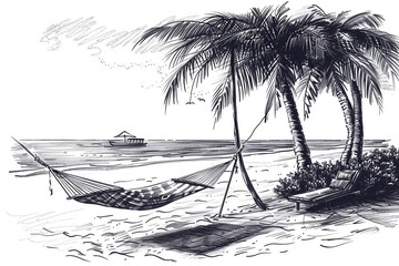 Wall Mural - Sea beach with hammock sketch, palm and boat art. Summer monochrome scene
