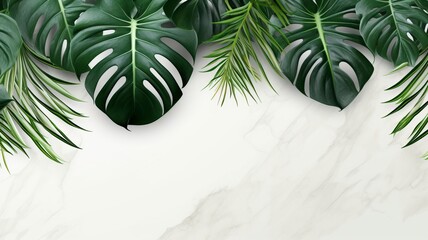 Isolate Dark green Monstera large leaves, philodendron tropical foliage plant growing in wild on white mable rock background concept for flat lay summer greenery leaf rainforest floral, generative ai