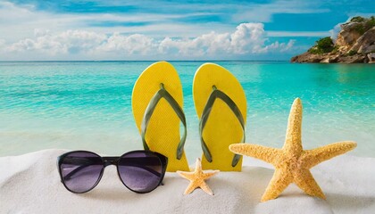 Wall Mural - sunglasses and starfish on the beach.Beach vacation essentials on white sand, vibrant yellow flip-flops, classic black sunglasses, starfish, turquoise ocean background.