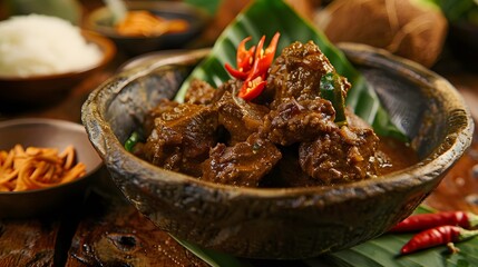 Wall Mural - origins and unique characteristics of rendang, a traditional Indonesian beef curry dish cooked with coconut milk and aromatic spices