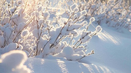 Shrubs covered in snow under sunlight