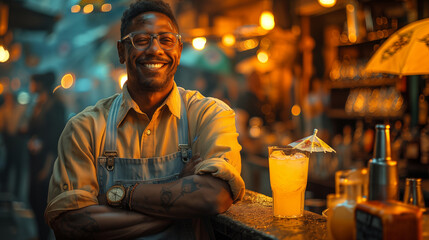Smiling black man enjoying tropical drink at vibrant outdoor bar. Happy traveler savoring beverage in exotic paradise location. Concept of leisure, vacation, wanderlust.