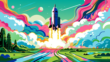 Wall Mural - Vibrant Rocket Launch in Surreal Pop Art Landscape