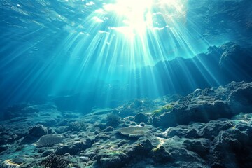 Sticker - Blue ocean background with sunlight and undersea scene, beautiful blue ocean background with sunlight and undersea, AI-generated