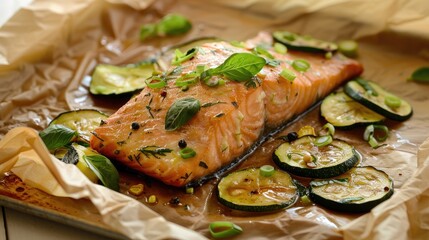 Sticker - Fresh salmon baked with herbs zucchini and green onion in parchment