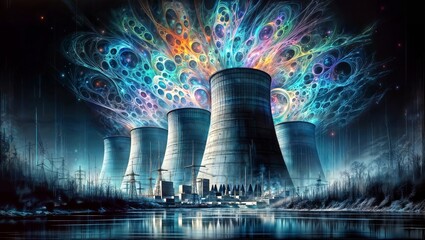 Wall Mural - Futuristic image of a nuclear power plant with colossal cooling towers releasing colorful plumes into the night sky, set against a tranquil lake and serene landscape.