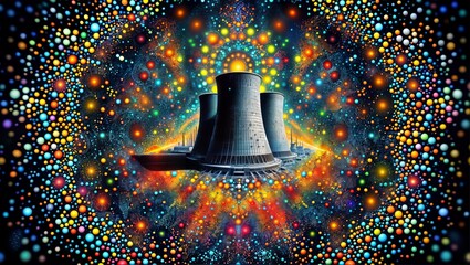 Wall Mural - Digital art piece featuring a nuclear power plant with three cooling towers at the center, surrounded by a vibrant, swirling array of colorful orbs and particles.