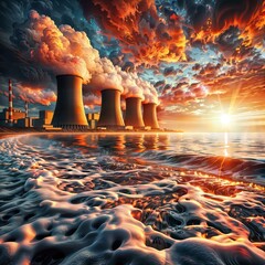 Nuclear power plant on beach with red and orange sunset in background, smokestacks emitting pollution into air.