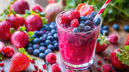 Wall Mural - Detox by sipping juice with a straw made from strawberries blueberries pomegranate and raspberries